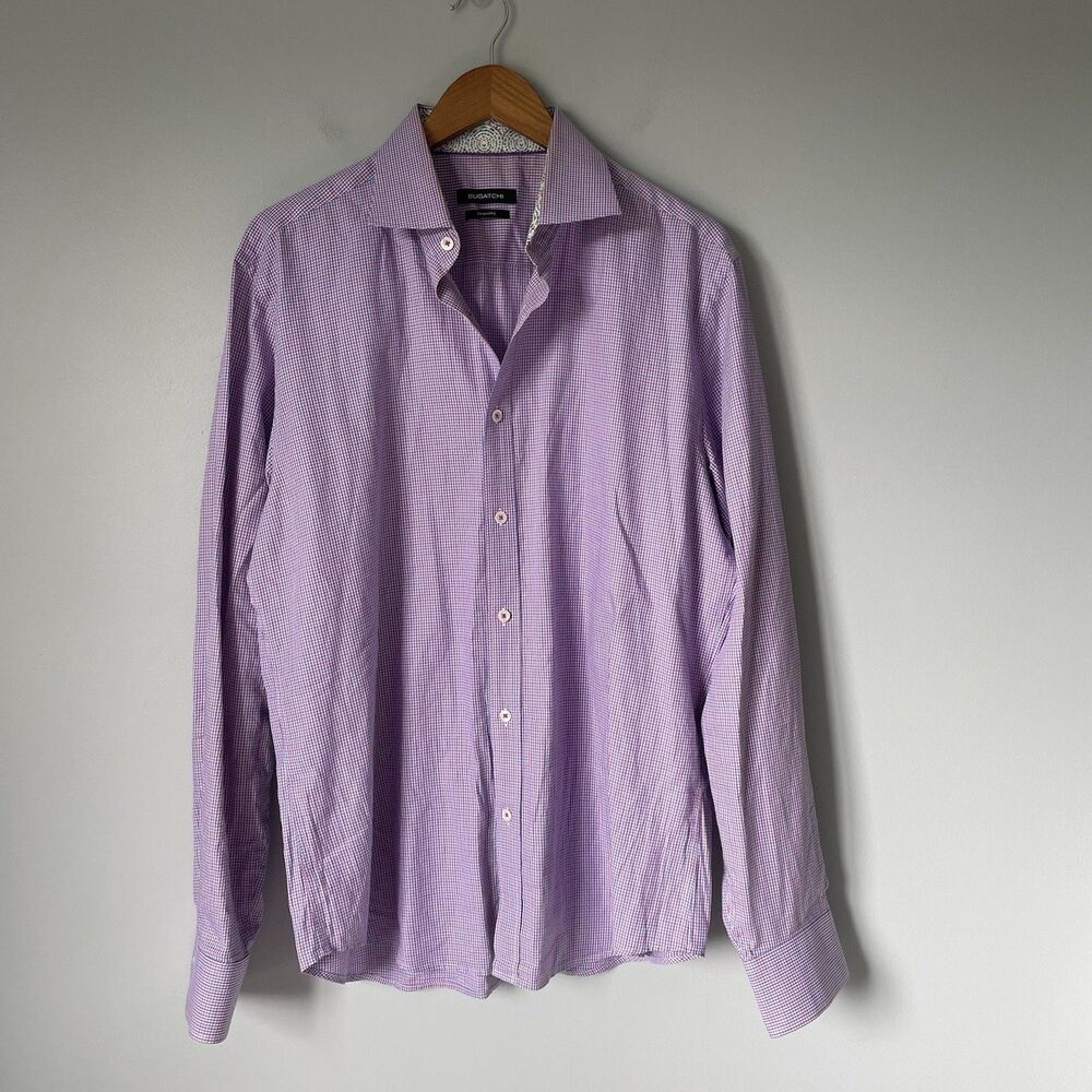 Bugatchi Shaped Fit Button Down Shirt Top Pink Blue Workwear Men's Size Medium